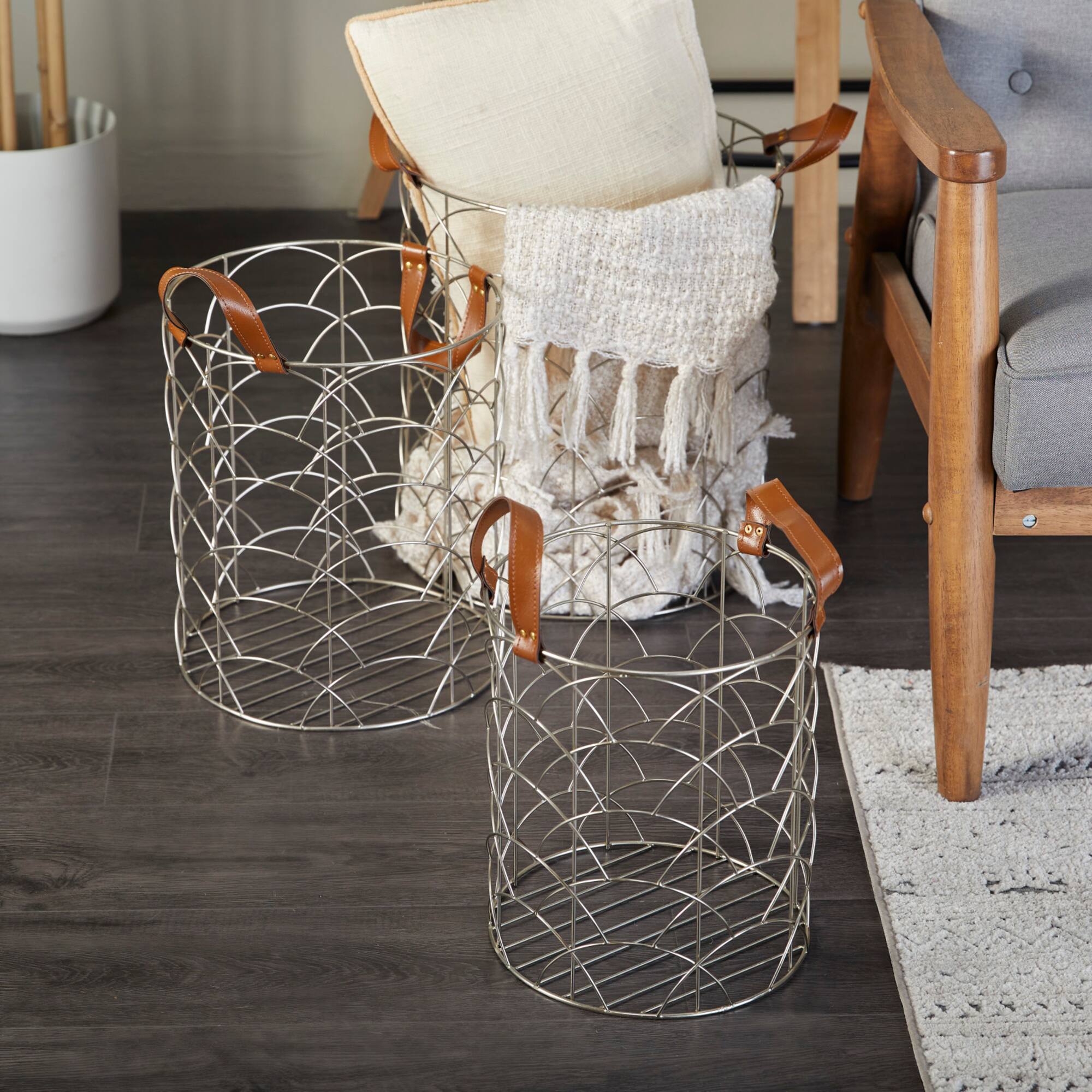 CosmoLiving by Cosmopolitan Silver Metal Storage Basket with Faux Leather Handles Set of 3 16", 14", 12"